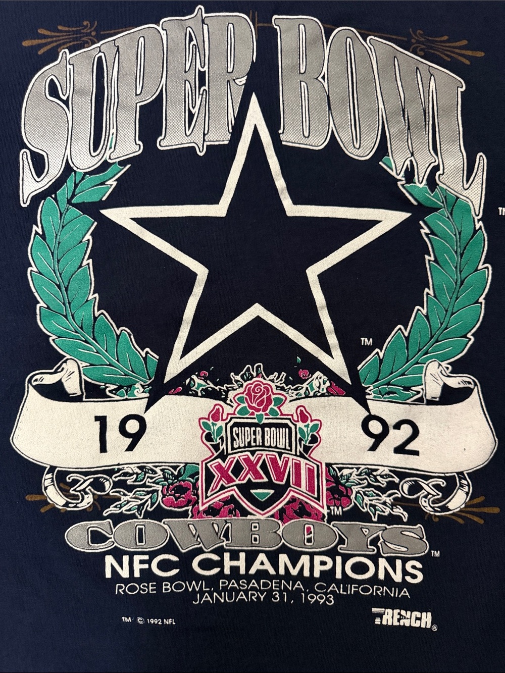 Vintage 1992 Super Bowl XXVII Cowboys NFC Champions Navy Graphic Tee - L